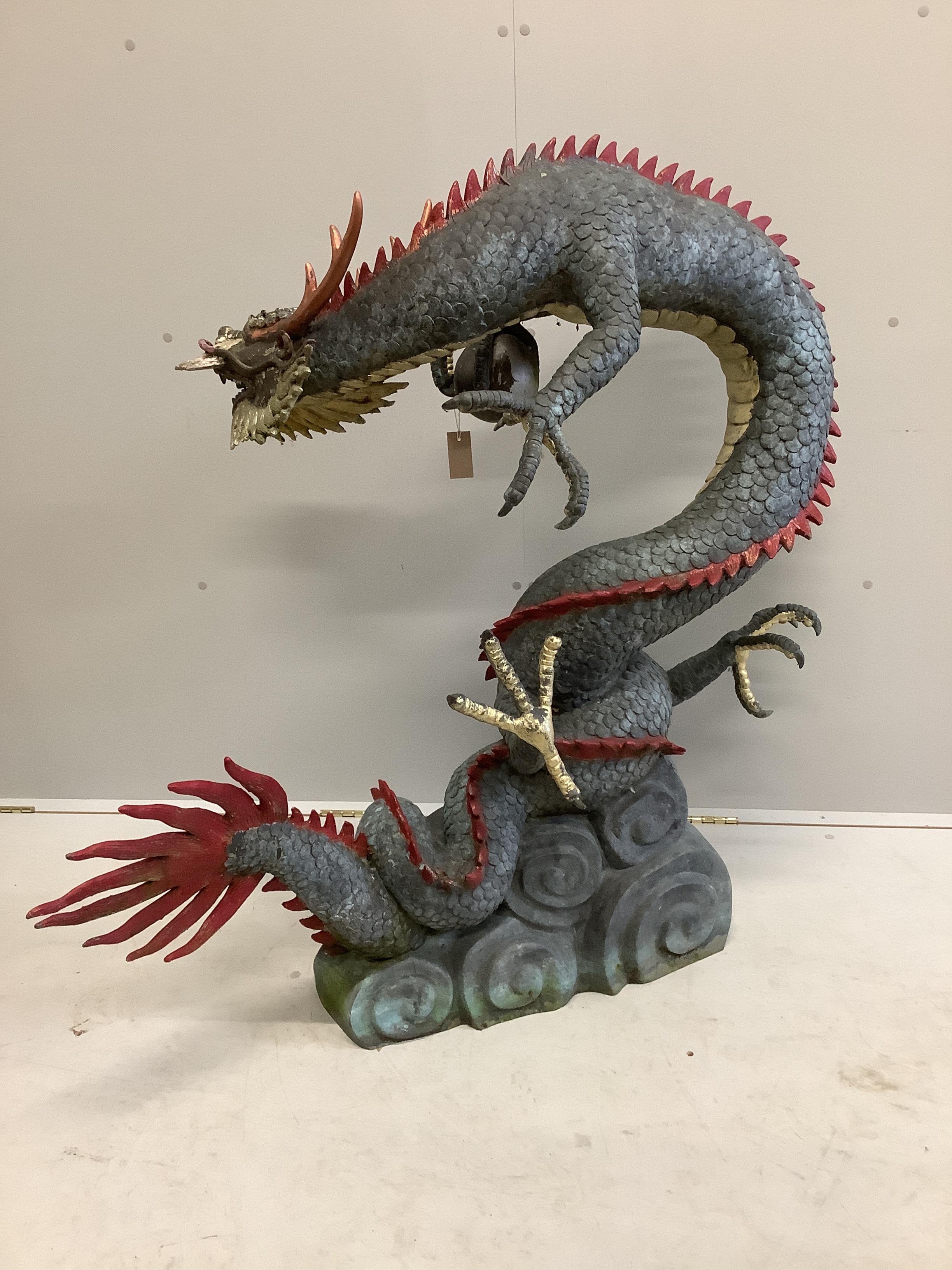 A Chinese style painted bronze dragon and pearl garden fountain, height 118cm